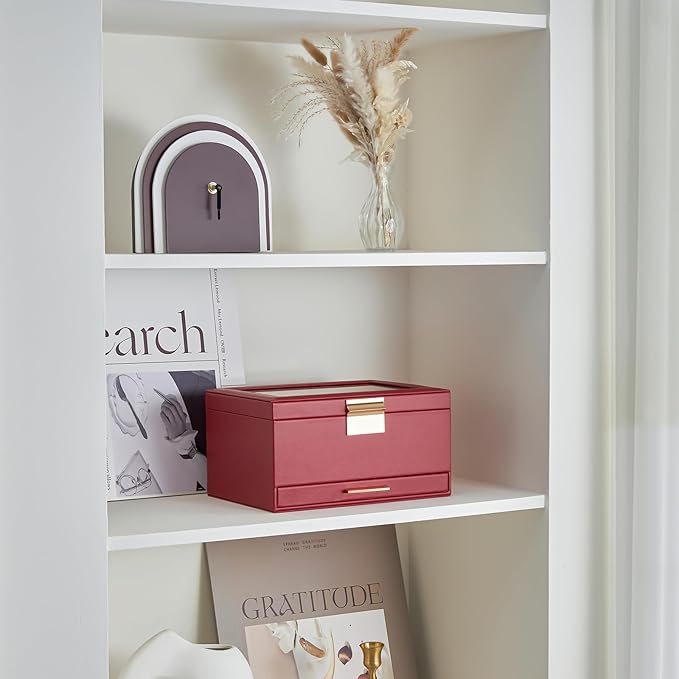 Lolalet Bracelet Holder Organizer with Clear Lid and Drawer, Bangle Storage Box Jewelry Display Holder for Watches, Jewellery Case for Women -Wine Red