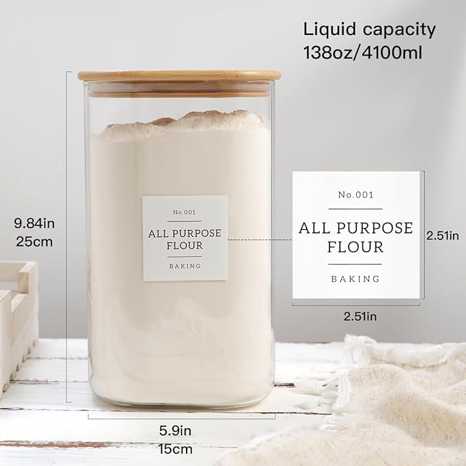 HHMJSM Large glass flour and sugar containers with 132 Kitchen Pantry Labels - 1 Gallon Glass Food Storage Containers with Airtight Lids - Square Glass Jars Rice with Bamboo Lids