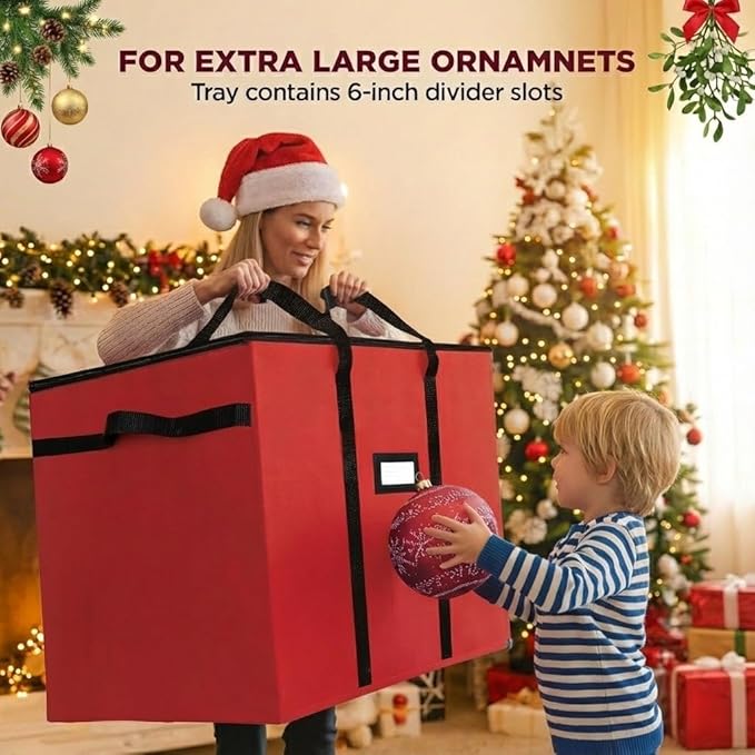Christmas Extra Large Ornament Storage Container - Box Stores Up to 48 – 6” Ornaments – With 4 Individual Trays -Heavy Duty 600D Tear Resistant Material, Zippered, Adjustable Dividers.