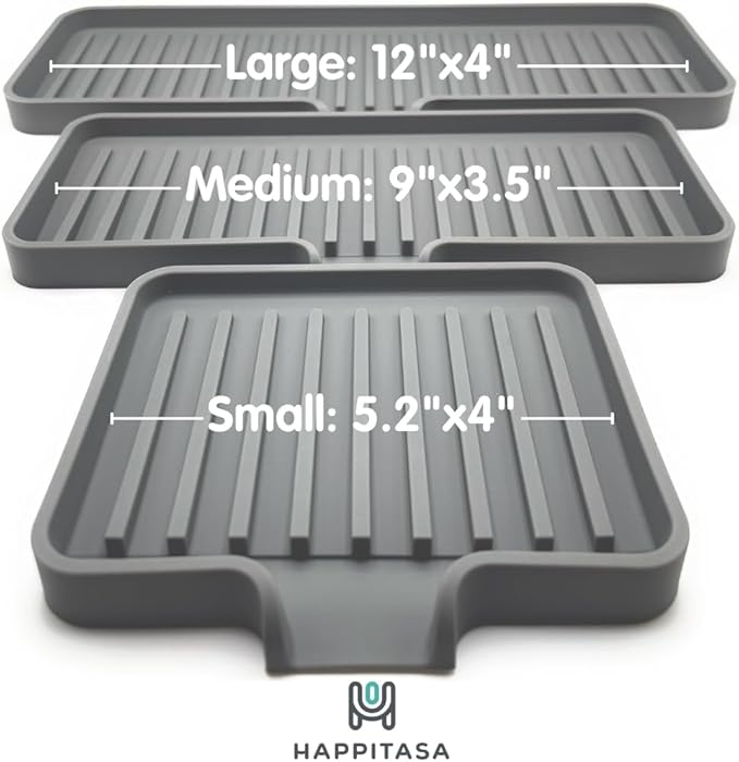 Happitasa Silicone Soap Dish Tray and Sponge Holder with Drain Chute | Bathroom and Kitchen Sink Organizer Caddy (Grey, 9"x3.5", 5.6 Ounces)