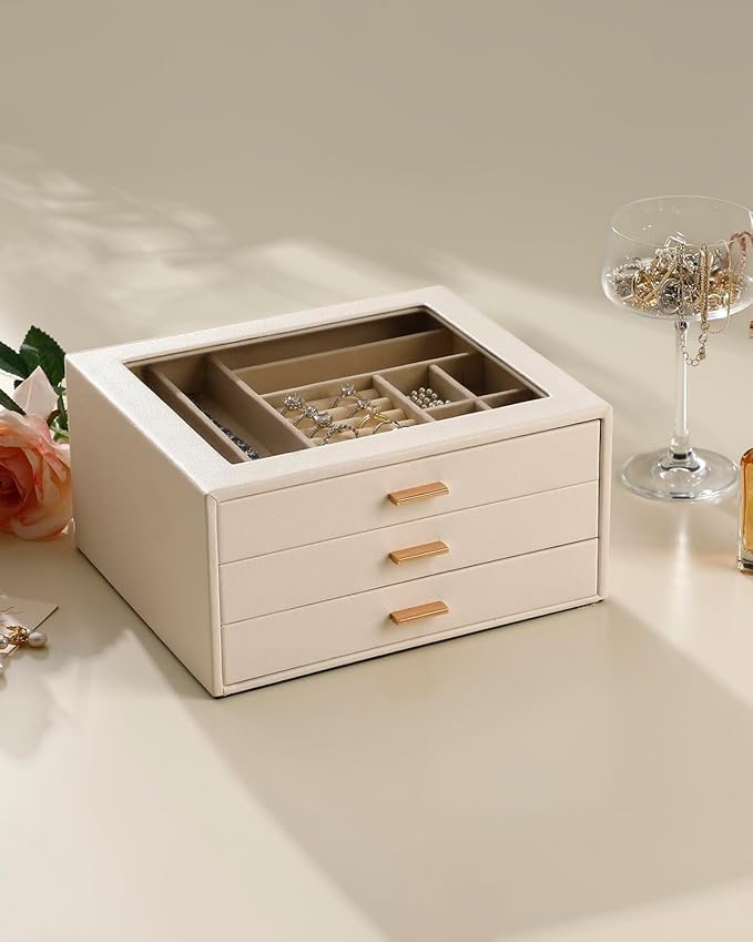 Jewelry Box with Glass Lid, 3-Layer Jewelry Organizer for Women Girls, PU Leather Display Case with 20-Grid Earring Tray & Movable Dividers for Necklaces Rings - Cloud White