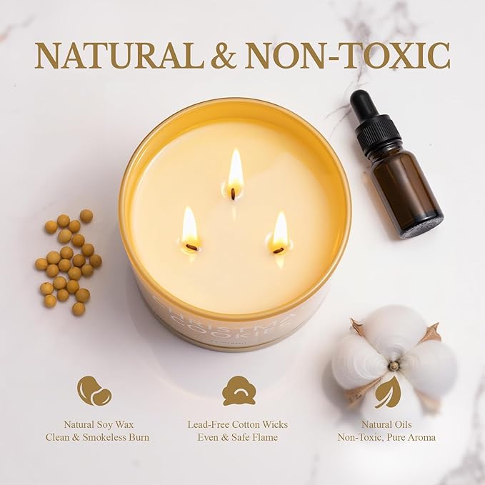 Christmas Cookies Scented Candle, Luxury Large 3 Wick Soy Candle 12 Oz, 60+ Hour Long Lasting Clean Burn, Elegant Aromatherapy Home Decor, Housewarming & Birthday Gift for Men & Women