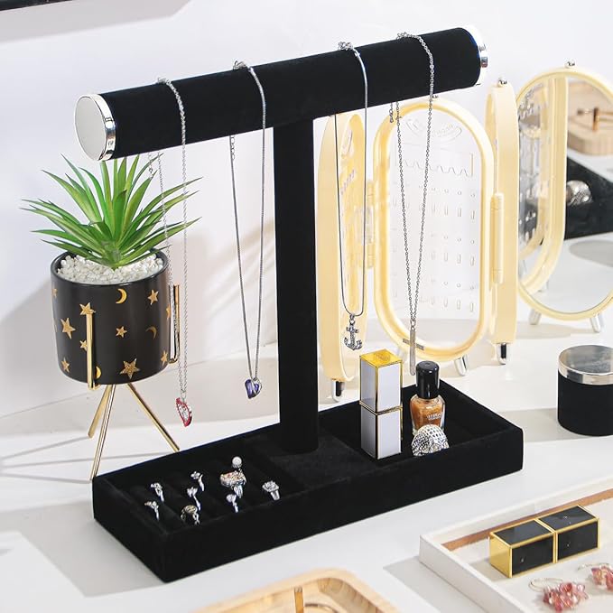Justsoso Multi-Use Jewelry Holder Stand, Necklace Bracelet Ring Organizer Stand, Scrunchie Watches Velvet Jewelry Holder Stand With Tray for Women Girls Home Use(Black with Lid)