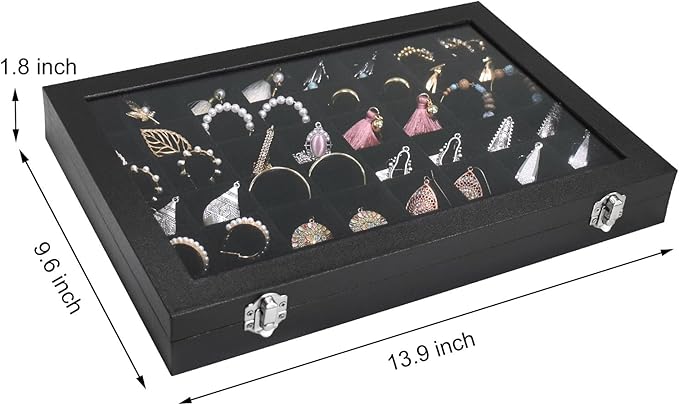 Jewelry Tray Organizer Box 48 Grid Jewelry Display Organizer Box with Transparent Lid Rings Earrings Necklaces Pendants Display Box Suitable for Women and Girls (48 Grid, Black)