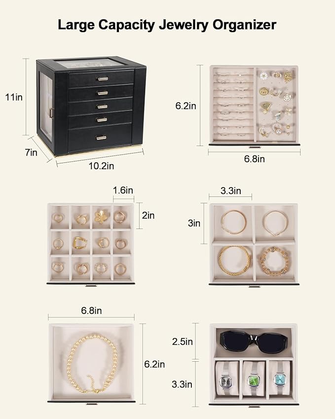 Large Jewelry Box Organizer with Glass Lid, Functional PU Leather 5-Layer Jewelry Storage Case for Women Girls Ring Necklace Earring Bracelet Jewelry Holder Organizer 5 Drawers (Black)