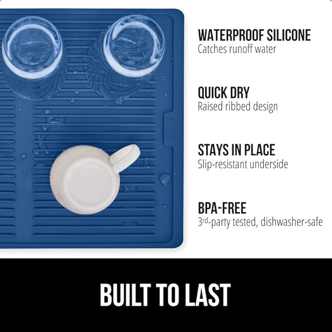 GORILLA GRIP 100% BPA-Free Patented Silicone Dish Drying Mat for Kitchen Counter, 18x24 Inch, Water Catching Ribbed Design, Easy Clean Waterproof Sink Liner, Heat Resistant, Fits Under Rack, Blue