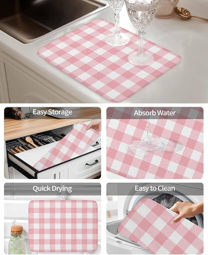 Pink Buffalo Plaid Dish Drying Mat for Kitchen Counter Valentine's Day Drying Pad Absorbent Drying Mats for Countertops Sinks Draining Racks Check Drainer Valentines Holiday Decorations 16x18 Inch