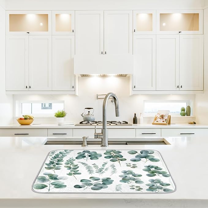 Hexteria Dish Drying Mat for Kitchen Counter Dish Mat Pad Absorbent Microfiber Kitchen Drying Mat Dish Drainer Rack Mat, 18x24 Inch, Eucalyptus Leaves