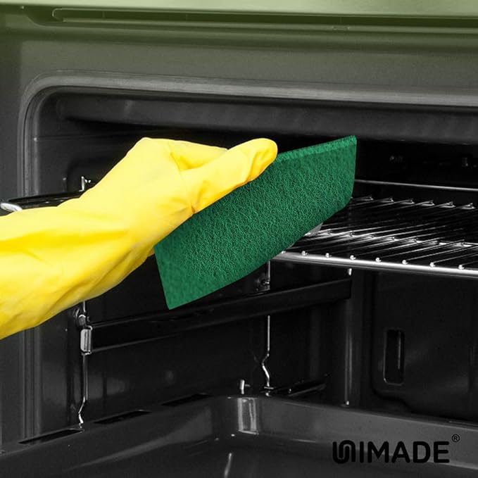 UNIMADE Heavy Duty Scouring Pad, 96Pcs Household Scour Pad for Kitchen, Garage and Outdoors, Reusable Dish Scrubber Pads for Pan and Metal Grill - Green