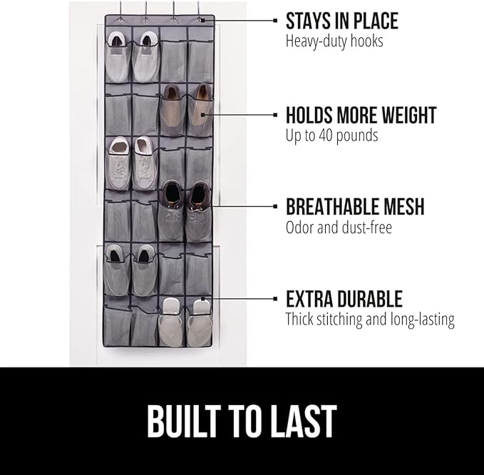 GORILLA GRIP Over the Door Shoe Organizer, 24 Large Breathable Mesh Pockets, Space Saving Hanging Storage Holder, Closet Rack Hanger Holds Up to 40 lbs, Hangs on Closets for Shoes, Accessories, Gray