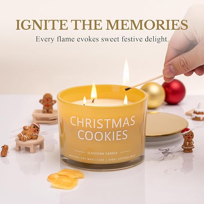 Christmas Cookies Scented Candle, Luxury Large 3 Wick Soy Candle 12 Oz, 60+ Hour Long Lasting Clean Burn, Elegant Aromatherapy Home Decor, Housewarming & Birthday Gift for Men & Women