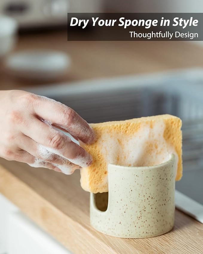 Zoeeker Sponge Holder for Kitchen Sink, Ceramic Dish Sponge Holder Sink Caddy Compact Scrubby Daddy Kitchen Organizer Dish Rcak for Sponges, Scrubbers, Yellow