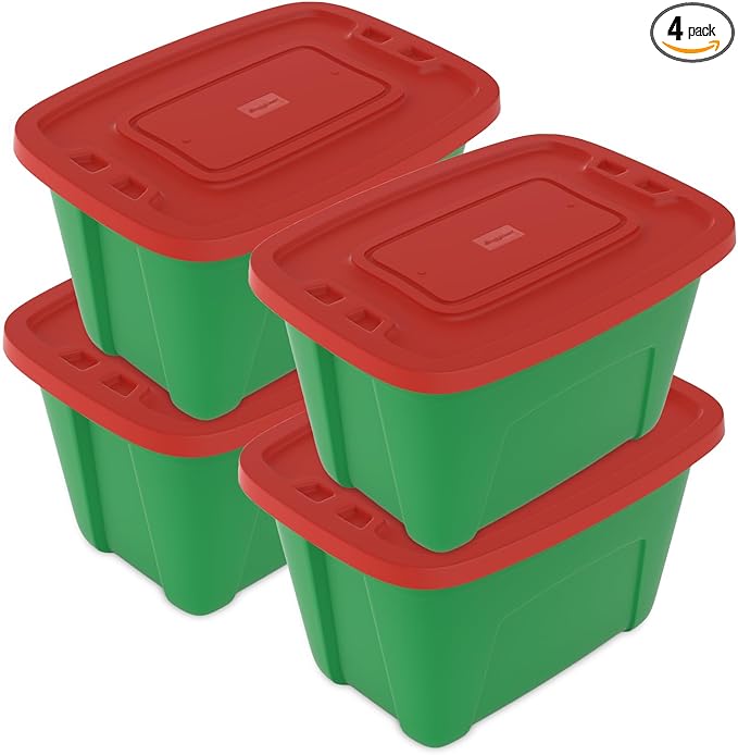 4-Pack Christmas Storage Totes with Lids - Made in USA 18-Gallon(72-Quart)Red Storage Bins,Holiday Organizer,Plastic Stackable Large Storage Boxes for Home,Office,Garage,Basement Red/Green