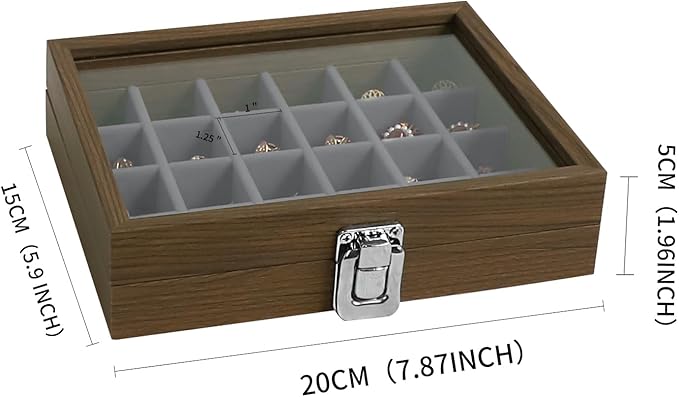 Wudygirl Small Jewelry Box Wooden Jewelry Organizer 24 Grid Ring Holder Earring Box with Lid Earring Holder Organizer for Women Jewelry Display Case Ring Storage for Drawer (Gray)