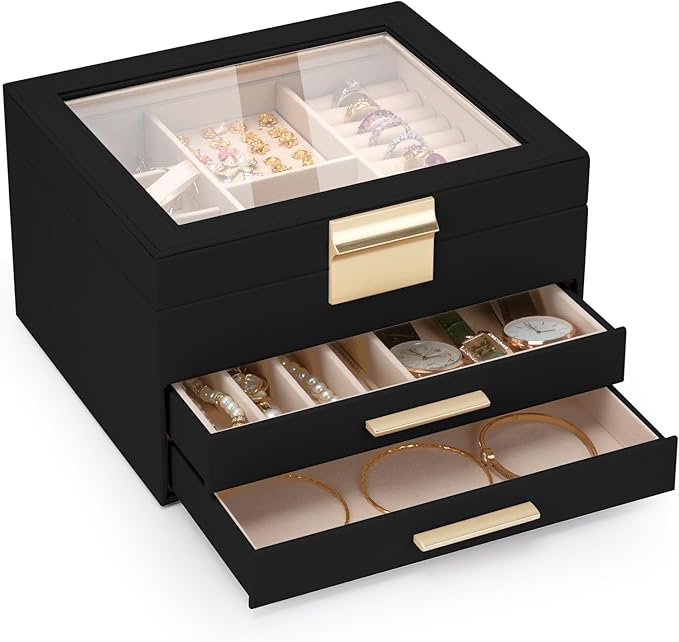 3-Layer Jewelry Box for Women, Jewelry Organizer with Glass Lid and Drawers, Jewelry Organizers and Storage for Necklaces, Rings, Earrings, Bracelets - White/Green/Black