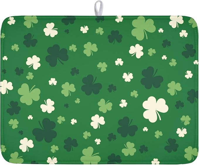 Wnoesat Green Shamrock St. Patrick's Day Dish Drying Mat for Kitchen Counter Lucky Clover large Dish Drying Pad Absorbent Reversible Microfiber Draining Pad Washable Drying Mats 18x24 Inch