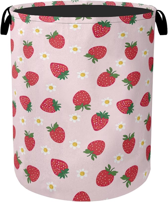 Cute Pink Strawberry Laundry Basket, Extra Large Foldable Hamper for Bathroom/Laundry/Bedroom/Dorm, Washable Fabric Storage Bin with Handle