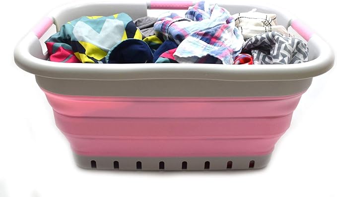 SAMMART 41L (10.8 gallon) Set of 2 Collapsible 3 Handled Plastic Laundry Basket-Foldable Pop Up Storage Container/Organizer-Space Saving Hamper/Basket (2, Grey/Pink)