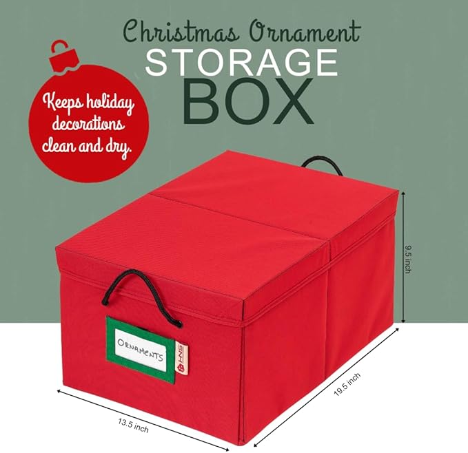 HOLDN’ STORAGE Christmas Ornament Storage Box with Dividers, Holds 72 Ornaments (3 Inch), Large Ball Storage Container with 3 Removable Trays, Durable and Portable - Red