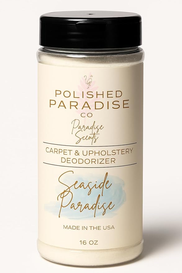 Polished Paradise Co Paradise Scents Carpet and Upholstery Deodorizer, Tropical Scent Powder for Rugs and Textiles, 16 Oz (Seaside Paradise)