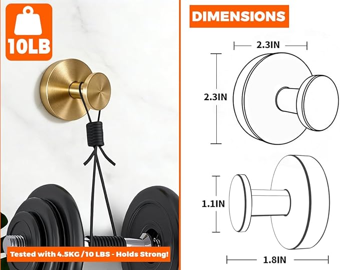 2026 Brushed Gold Suction Cup Hooks for Shower - No Drill Decorative Hooks Hold Towels & Wreaths on Glass Door & Bathroom Mirror - Luxury Finish Heavy Duty & Waterproof (2 Pack)