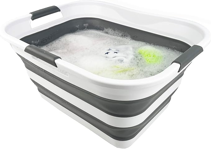 SAMMART Collapsible Plastic Laundry Basket Washing Tub Foldable Pop Up Storage Container-Space Saving/Portable Laundry Hamper. Ideal for Home, Travel, Dorm, and Camping (White/Steel Grey, 30L)