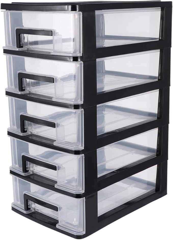 PATKAW Multifunctional Five- layer Storage Cabinet, 8.3x5.9x12.3inch, 5 Plastic Storage Drawers, Organizer Box, Storage Container Case with Clear Drawer, Organizer Sundries Holder| Black