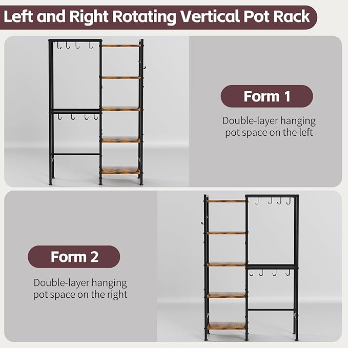 OMISRUIS 5-Tier Pot and Pan Organizer Rack with Hooks, Heavy-Duty Kitchen Storage Shelf for Cookware, Dishes, and Utensils, Freestanding Metal Pot Rack Organizer for Kitchen, Pantry, or Dining Room