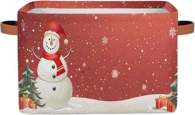Storage Baskets Bin, Christmas Winter Snowman Collapsible Canvas Fabric Storage Bin Decorative Baskets Toy Organizer Rectangle Storage Boxes with Handles for Home Shelves Nursery, J-011