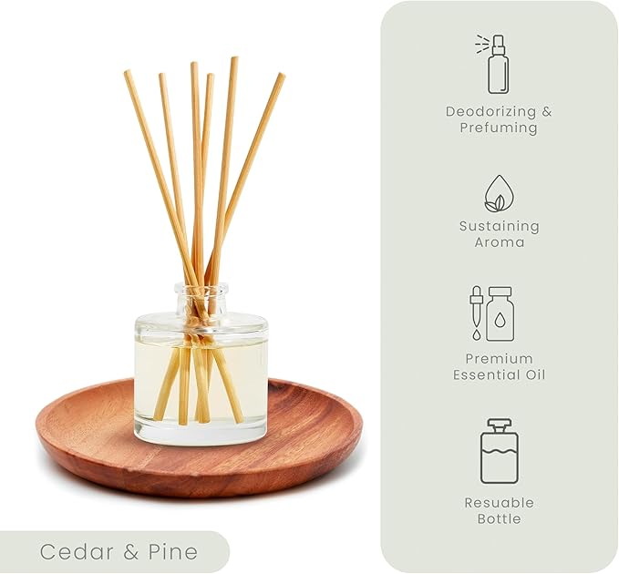 Hillhouse Naturals Reed Diffuser Set - Cedar & Pine Scent Diffuser - Reed Diffusers for Home with Long Lasting Fragrance – 4 oz Oil – Diffuse Time 4-6 Months – Made in The USA