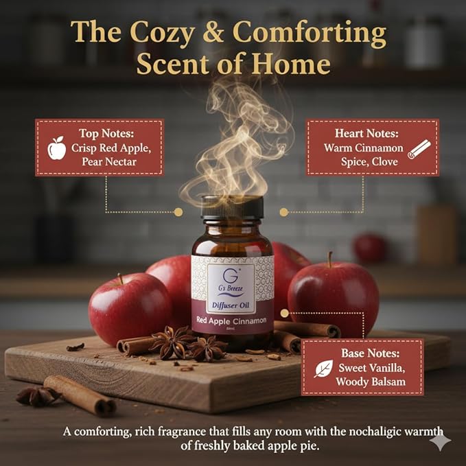 G's Breeze Red Apple Cinnamon Diffuser Oil – 60ml Soft & Soothing Red Apple Cinnamon Scent, Long-Lasting Aroma for Nurseries, Bedrooms, & Living Rooms, Easy Refill for Fragrance Oil Diffuser