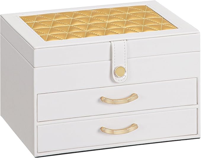 White Jewelry Box Organizer: Home Decor for Women - 2-Drawer Holder for Valentine’s Day Birthday Gift White Gold