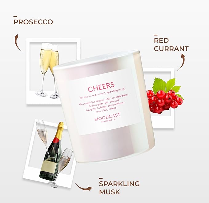 Moodcast Cheers Scented Holiday Candle - Aesthetic Winter Candle for Home, Prosecco, Red Currant & Sparkling Musk, Clean Coco Wax Blend, Vegan, Paraben Free, 50-Hour Burn, Christmas Decor - 8oz
