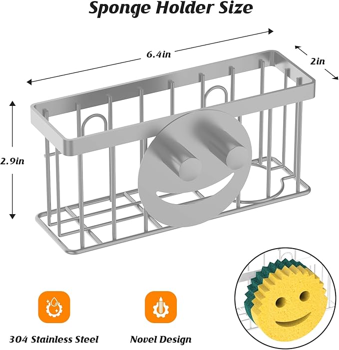 MURLONG Sponge Holder Smiley Face,Sink Caddy,Kitchen Organizer with 2 Suction Cups/1 Adhesive Strips,Designed for Sponge,Soap,Dish Brush,Scrubber - Gray