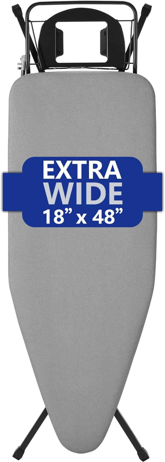 BKTD Extra-Wide Ironing Board – 48"×18" Large Surface (57" w/Iron Rest) • Built-in Clothes Rack, Hanger & Cord Holder • Heat-Resistant Cover • Heavy-Duty, No Wobble • Adjustable Height • Black Grey.