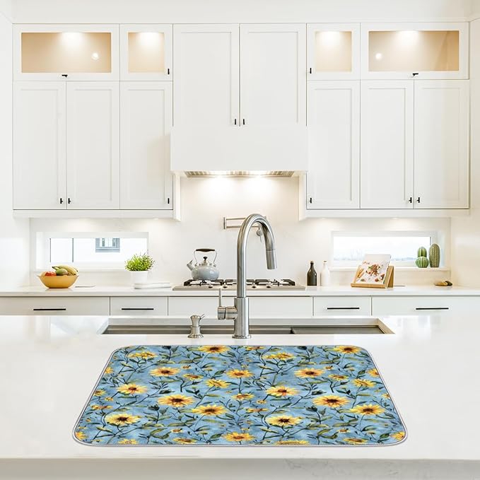Hexteria Sunflower Dish Drying Mats for Kitchen Counter, Quick Dry Dish Mat 16 x 18 Inches, Dishes Draining Mats Foldable Dish Rack Pad, Sunflower