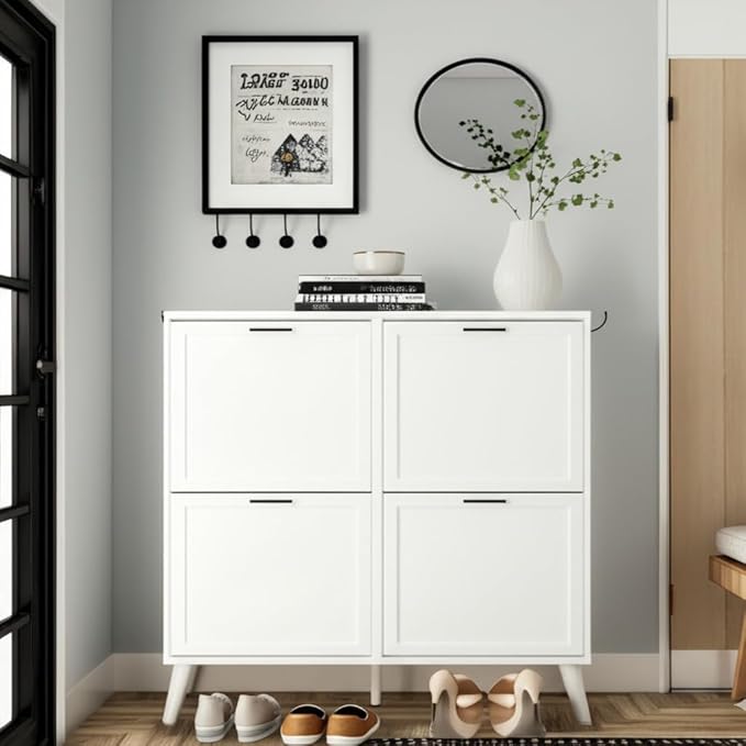 White Large Shoe Cabinet fit up to Shoe Size 16, Freestanding Shoe Organizer with 4 Flip Drawers, Narrow Wooden Shoe Rack for Entryway, Closet, Living Room