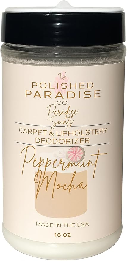 Polished Paradise Co Paradise Scents Carpet and Upholstery Deodorizer, Christmas Holiday Scent Powder for Rugs and Textiles, 16 Oz (Peppermint Mocha)
