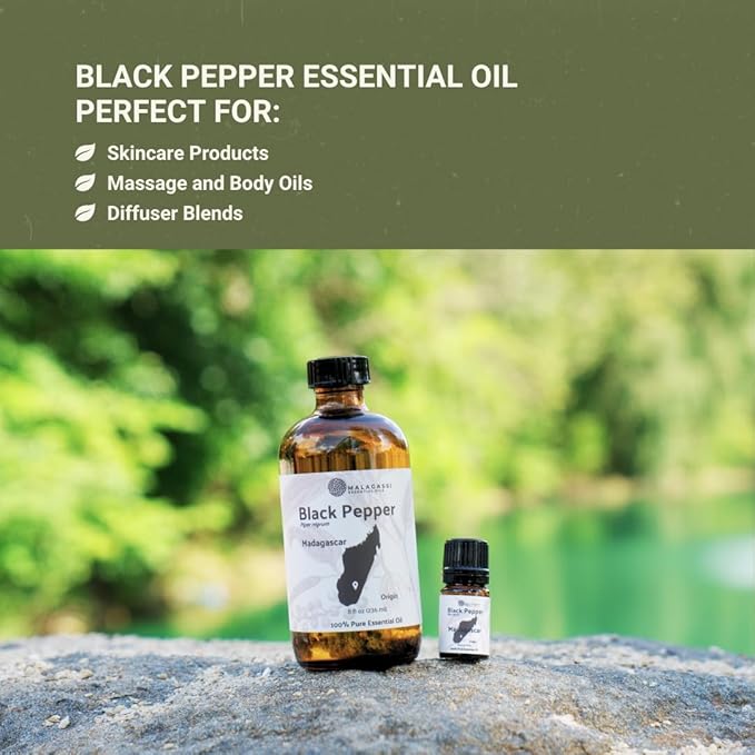Black Pepper Essential Oil - Direct from Madagascar Farms - Steam Distilled - Aceite Pimienta Negra for Aromatherapy, Massage, Diffuser, DIY Candle and Soap Making - 5ml
