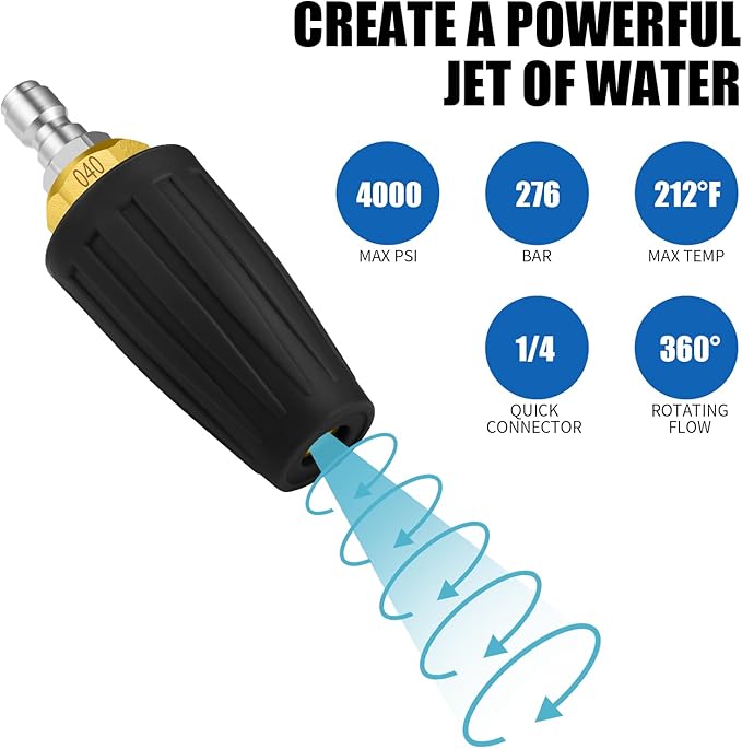 VORIGY 4000 PSI Turbo Nozzle Pressure Washer Pressure Washer Tips 1/4" Quick Connect with 7 Power Washer Nozzle Tips Kit Multiple Degrees (0, 15, 25, 40, 65, Rinse1, Soap2) for Car Concrete Brick