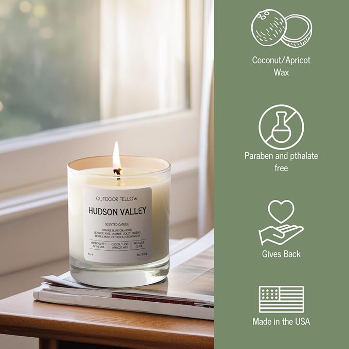 Outdoor Fellow Hudson Valley Scented Candle, 8oz, Coconut & Apricot Wax Blend, Orange Blossom, Jasmine, Patchouli, Reusable Glass, 40-50 Hour Burn Time