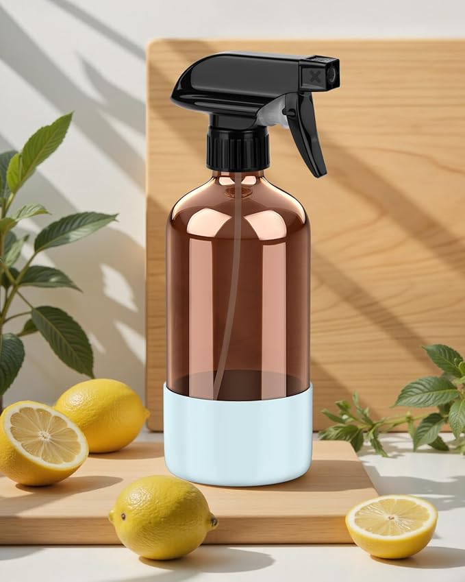 Bontip Amber Glass Spray Bottle with Silicone Sleeve Protection, 16 oz Refillable Spray Bottle for Cleaning Solutions, Plants, Aromatherapy, Facial Hydration (Blue Sleeve(Amber Bottle)