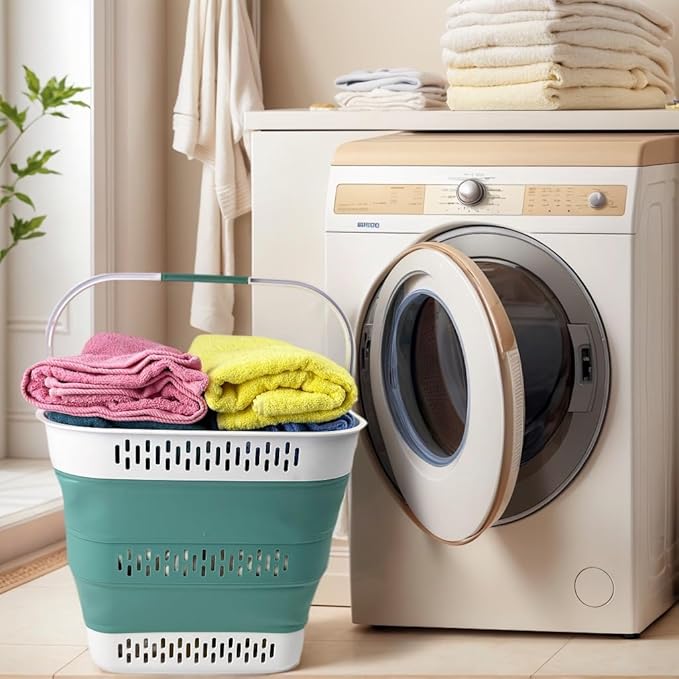 SAMMART 40L (10.5 Gallon) Collapsible Plastic Laundry Basket with Handles - Foldable Pop Up Storage Container/Organizer - Portable Laundry Hamper - Space Saving (1, White/Celadon Green)