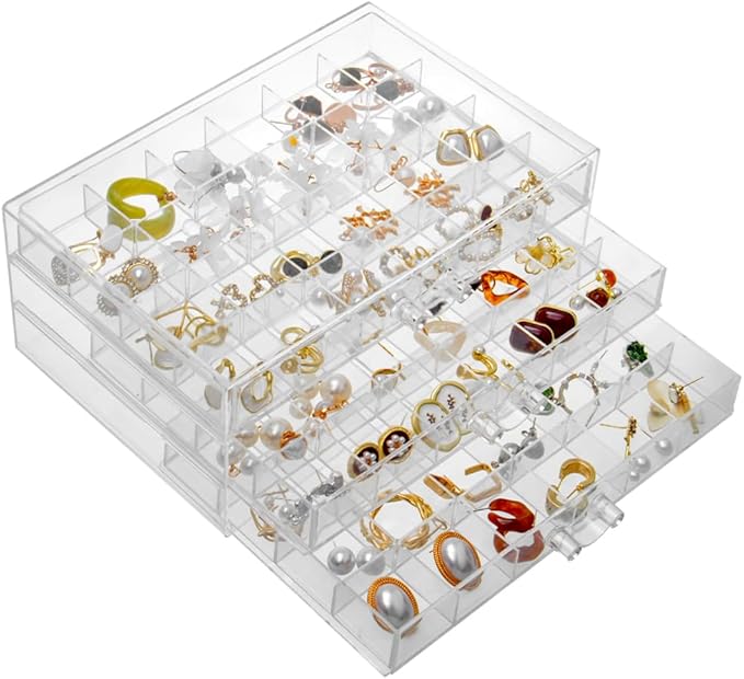 Earring Storage Box Organizer 3 Drawers Acrylic Jewelry Storage Box Holder Transparent Jewelry Display Stand with 72 Small Compartments Gift for Women Girls (Clear)