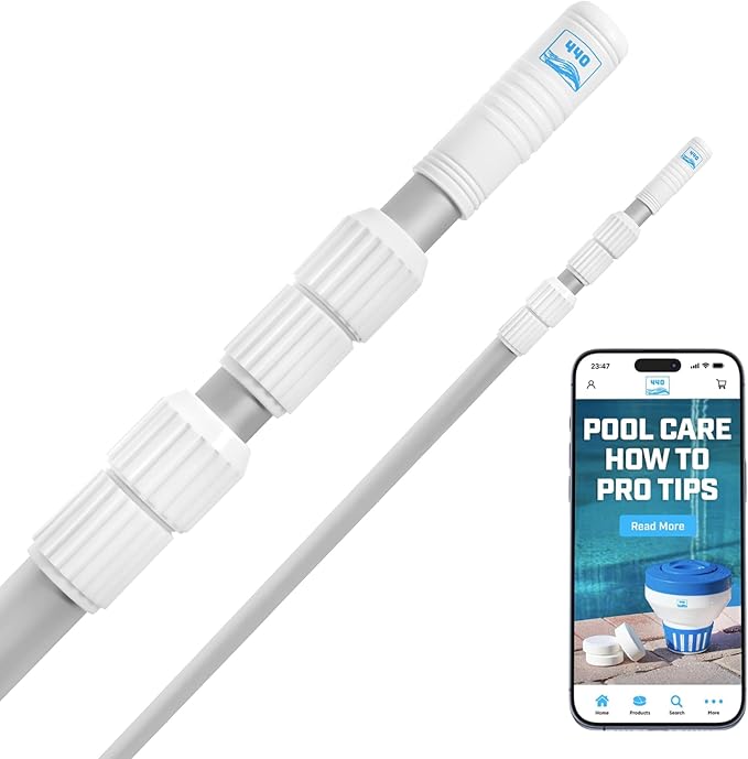 440 Telescopic Pool Pole 12ft - Heavy Duty Aluminum, Telescoping Pool Skimmer Pole for Leaf Rake, Net, Brush, Vacuum Head - Adjustable Handle Stick for Standard Attachments, Cleaning Swimming Pools