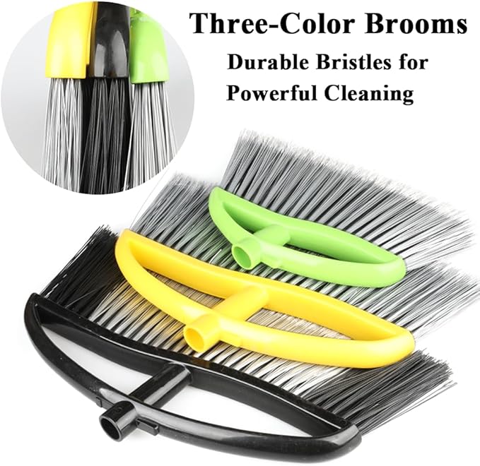 3 Pack Wide Heavy Duty Angle Broom - Stiff Bristle Outdoor Brooms for Sweeping Patio, Garden, Garage, Yard (Black, Yellow, Green)