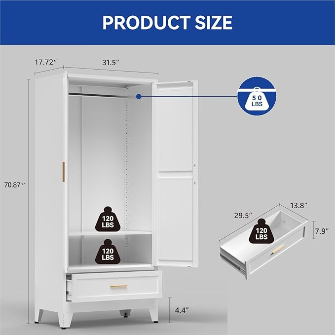 COFaR Metal Armoire Wardrobe Closet with Drawer, 71'' Tall Farmhouse Bedroom Armoires with Doors and Hanging Rod, Freestanding Steel Wardrobe Cabinet Coat Closet for Bedroom Home Office, White