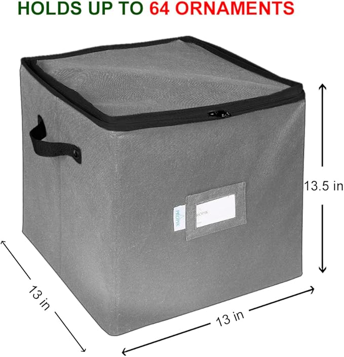 ProPik Christmas Ornament Storage Box, 4 Tier Holds Up to 64 Holiday Ornaments Decoration Balls, Storage Container with Dividers for 3” Bulbs, Made with Durable Oxford Polyester Material (Gray)