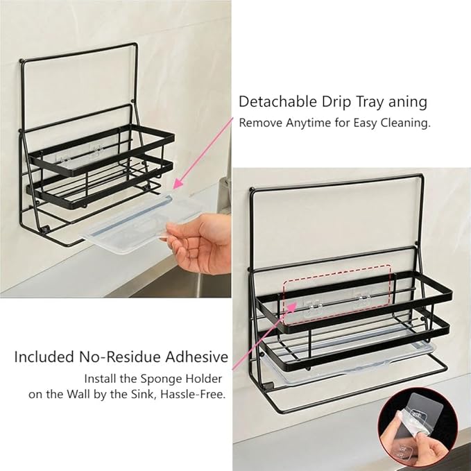 Luoshanvee Kitchen Sink Caddy Countertop Organizer with Foldable Dish Rag Holder for Sponge Dish Soap Steel Wool Scrubber,Sink Caddy with Drain Rack Food Strainer