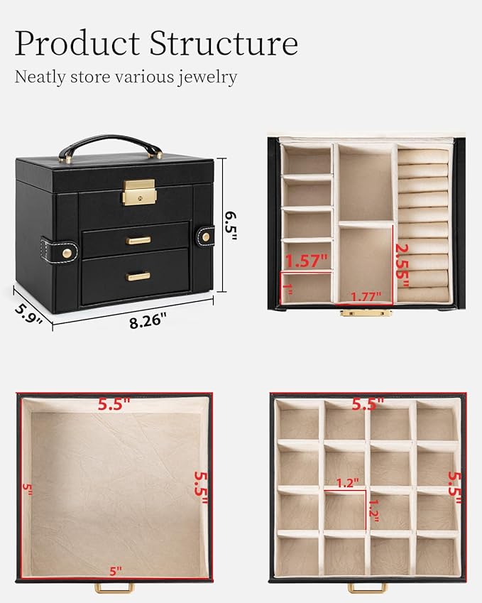 TORIBIO Jewelry Box for Women, Leather Jewelry Organizer with Mirror & Lock, 3-Tier Jewelry Storage Organizer with 2 Drawers for Girls/Women/Mothers, Necklace Earring Bracelets Holder Organizer